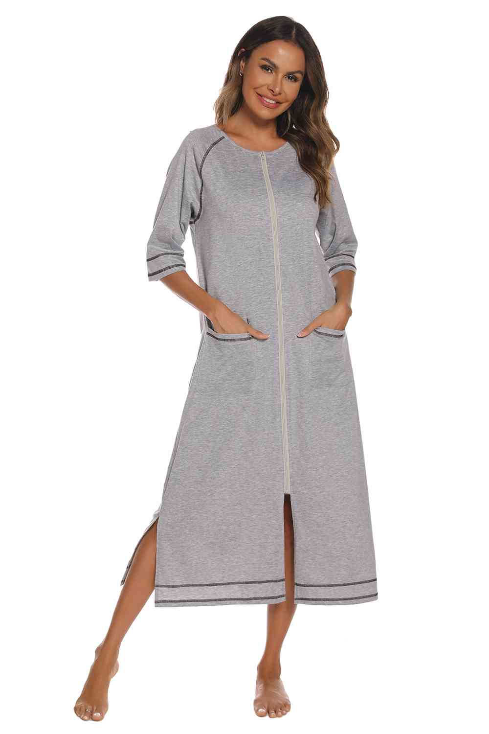 Zip Up Slit Round Neck Night Dress with Pockets  Shop One Place