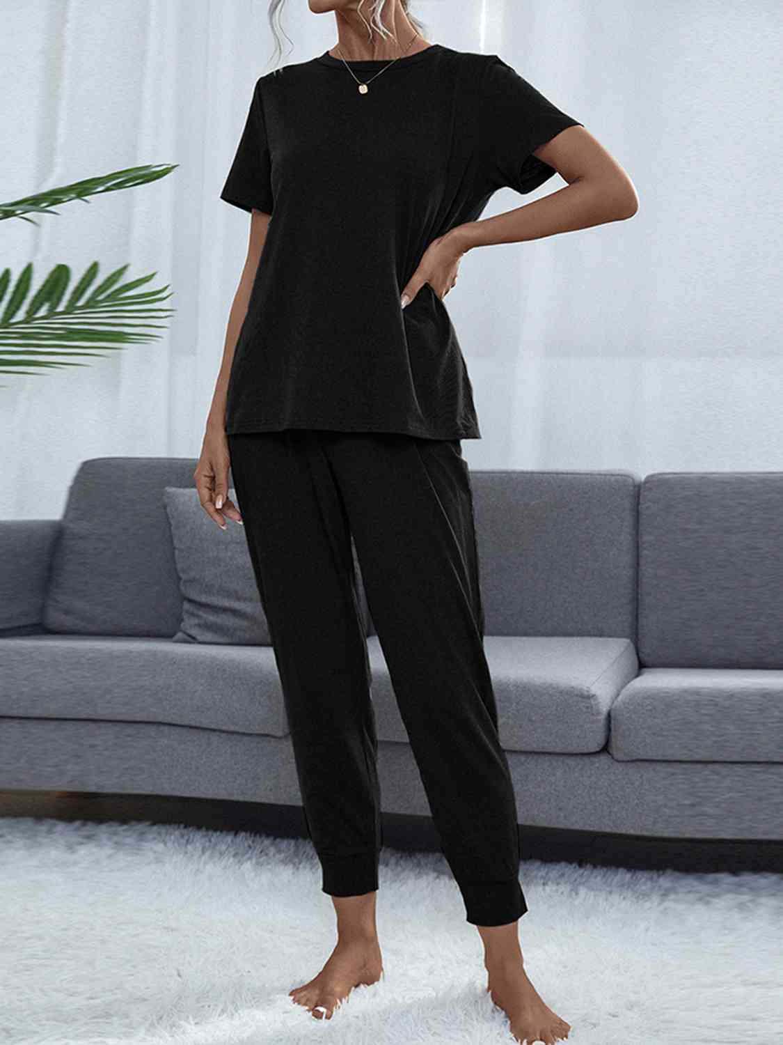 Round Neck Short Sleeve Top and Pants Set  Shop One Place