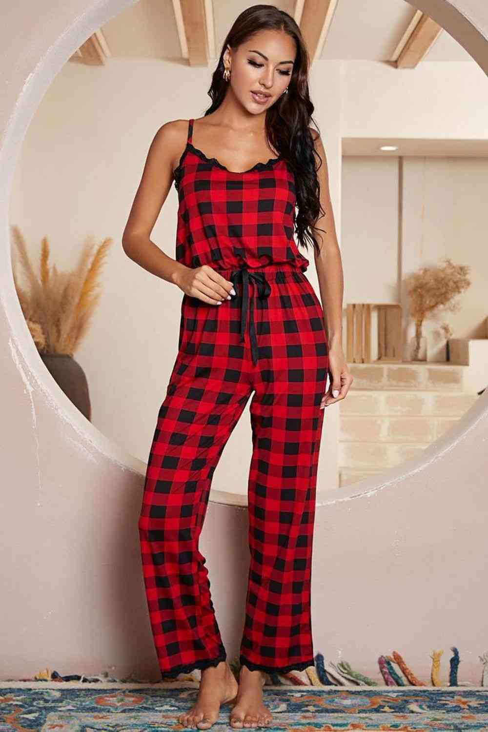 Plaid Lace Trim Spaghetti Strap Jumpsuit  Shop One Place