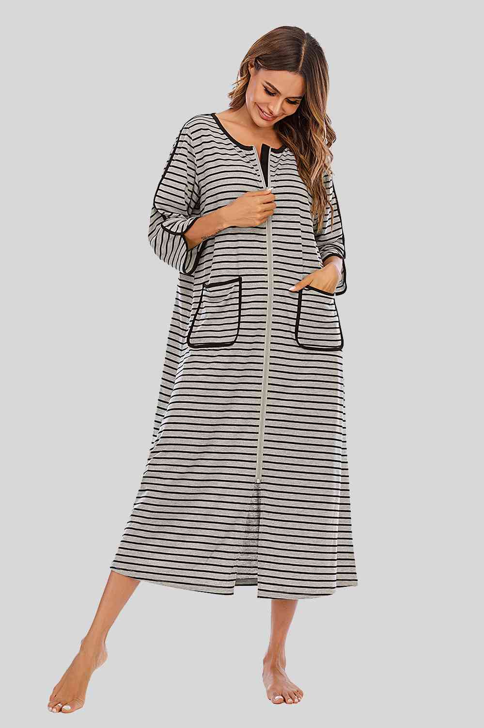 Round Neck Three-Quarter Sleeve Midi Night Dress  Shop One Place