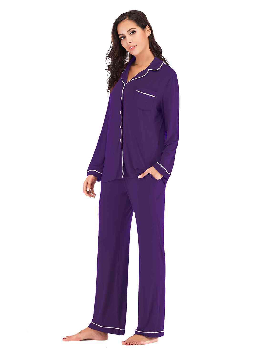 Collared Neck Long Sleeve Loungewear Set with Pockets  Shop One Place