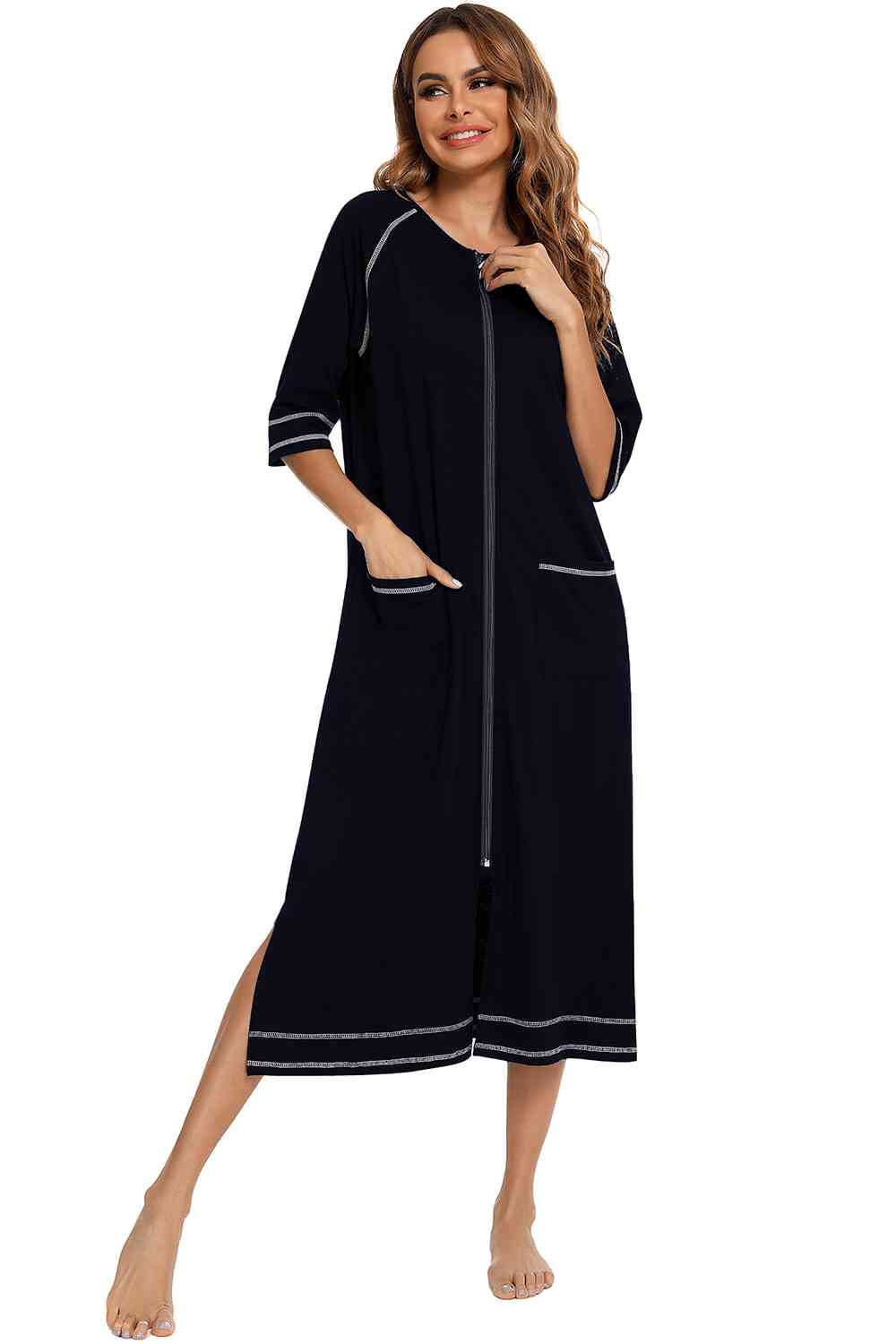Zip Up Slit Round Neck Night Dress with Pockets  Shop One Place