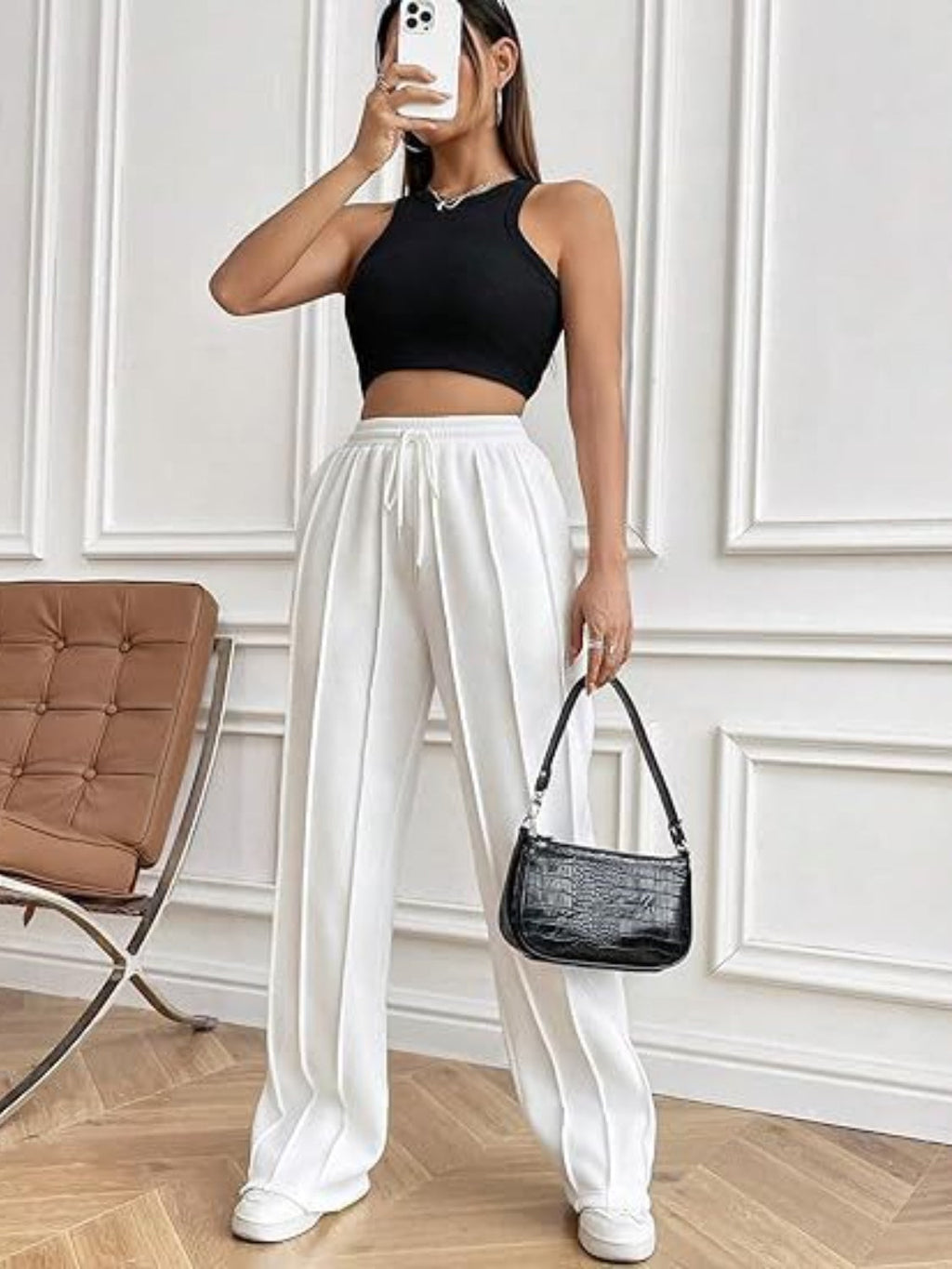 Pantalones de pierna ancha con cordón y bolsillos
