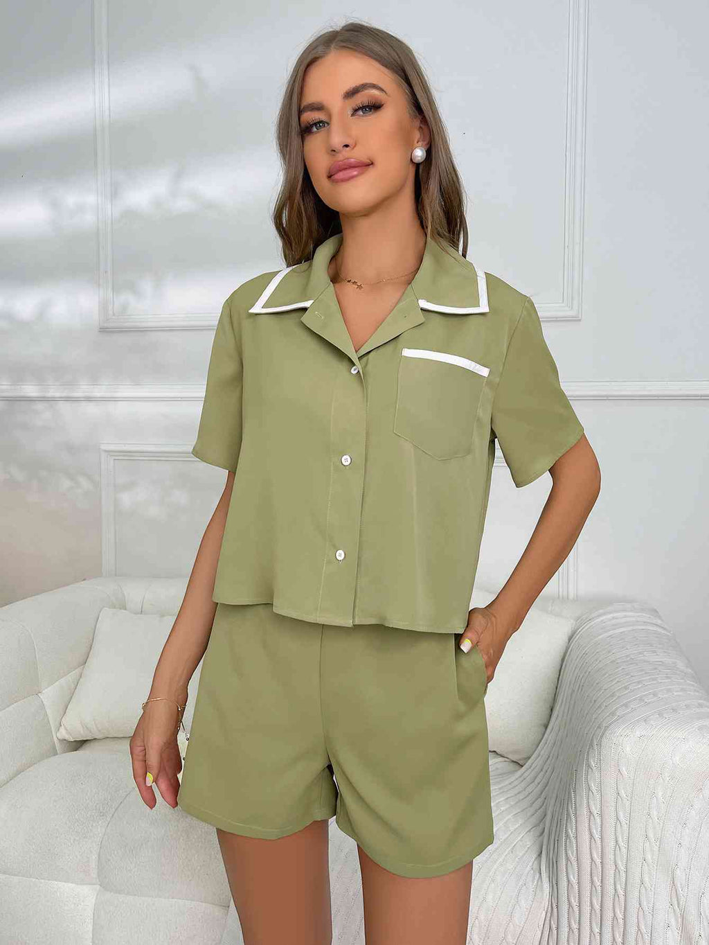Short Sleeve Shirt and Shorts Lounge Set  Shop One Place