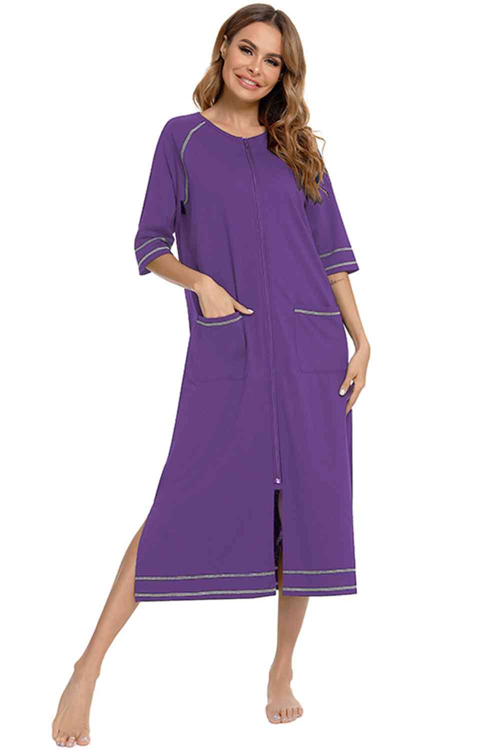 Zip Up Slit Round Neck Night Dress with Pockets  Shop One Place