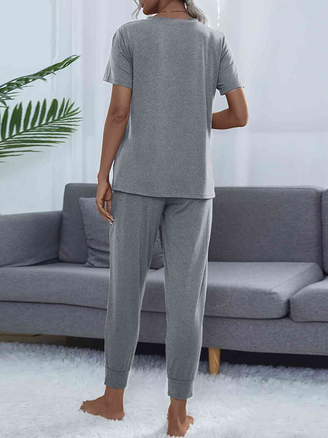 Round Neck Short Sleeve Top and Pants Set  Shop One Place