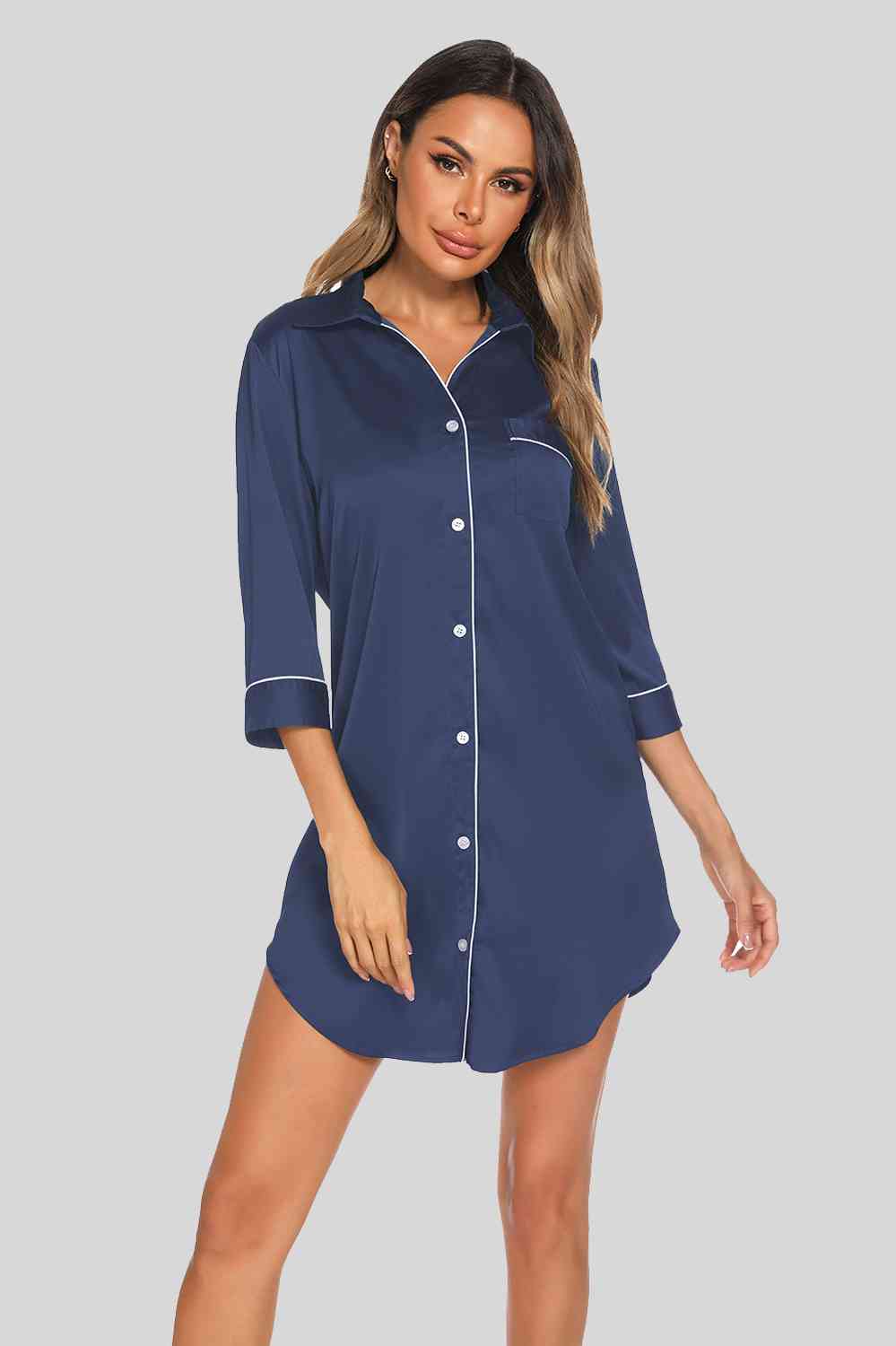 Button Up Collared Neck Night Dress with Pocket  Shop One Place