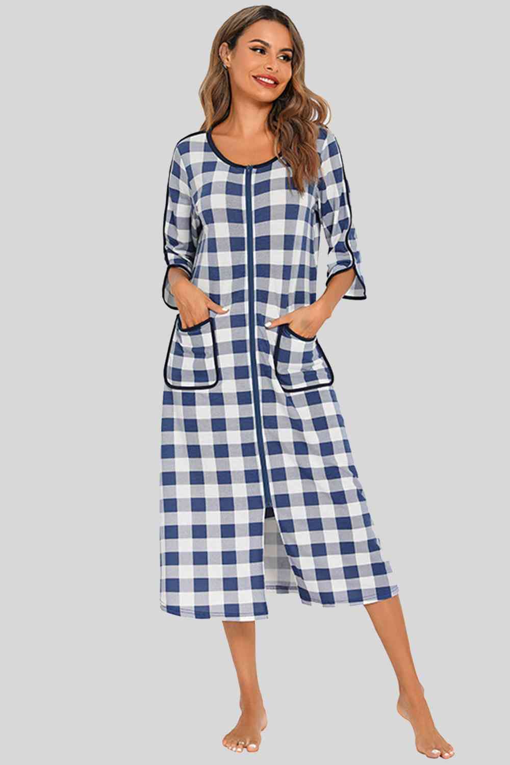 Round Neck Three-Quarter Sleeve Midi Night Dress  Shop One Place