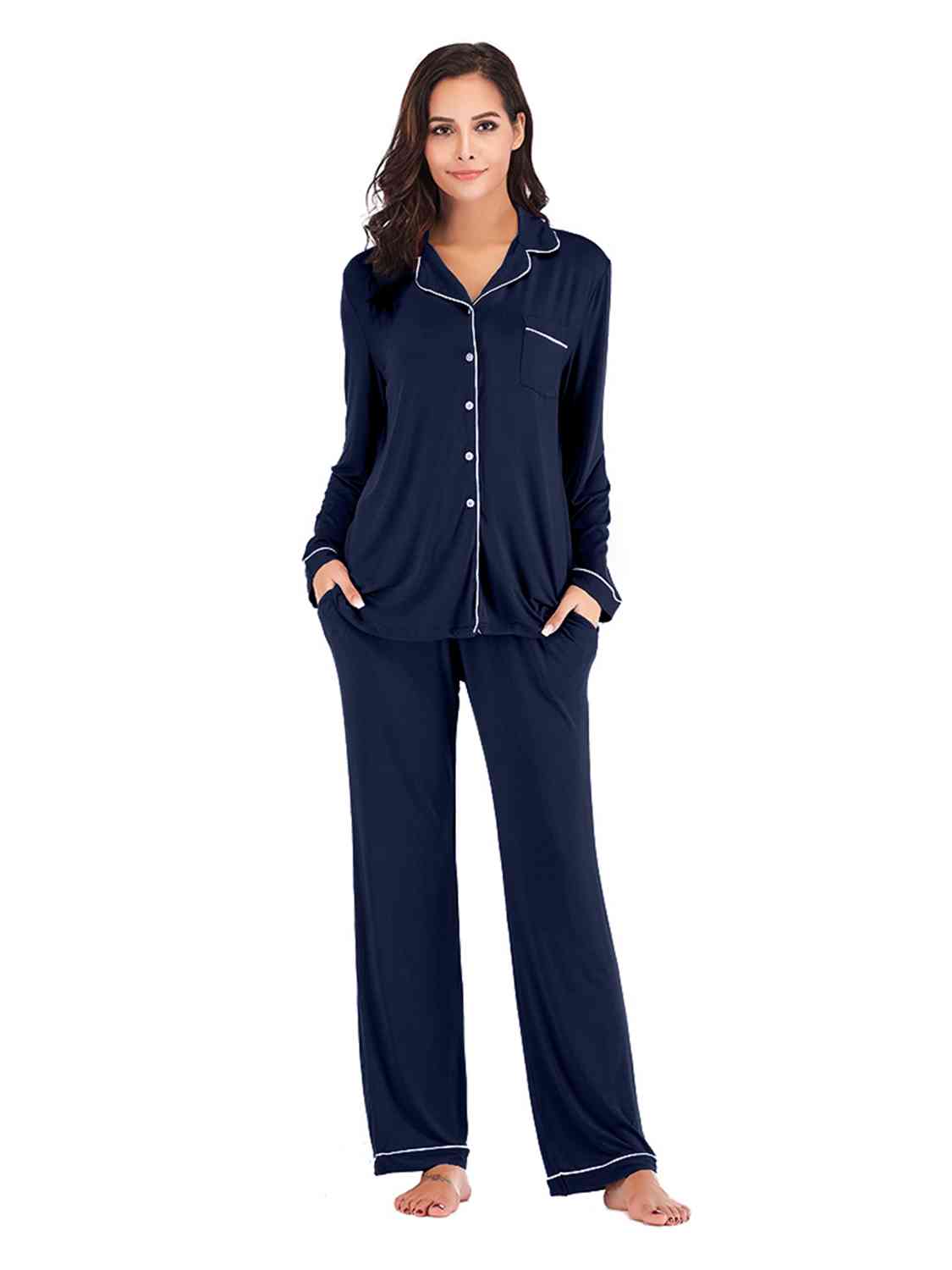 Collared Neck Long Sleeve Loungewear Set with Pockets  Shop One Place