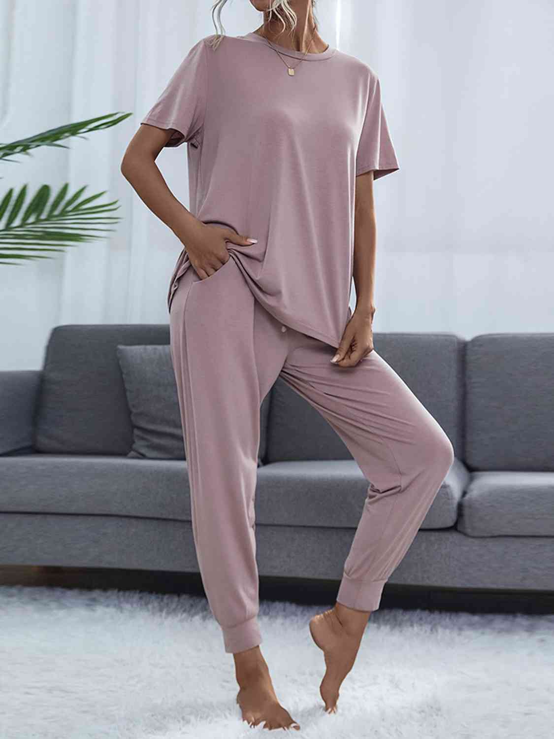 Round Neck Short Sleeve Top and Pants Set  Shop One Place
