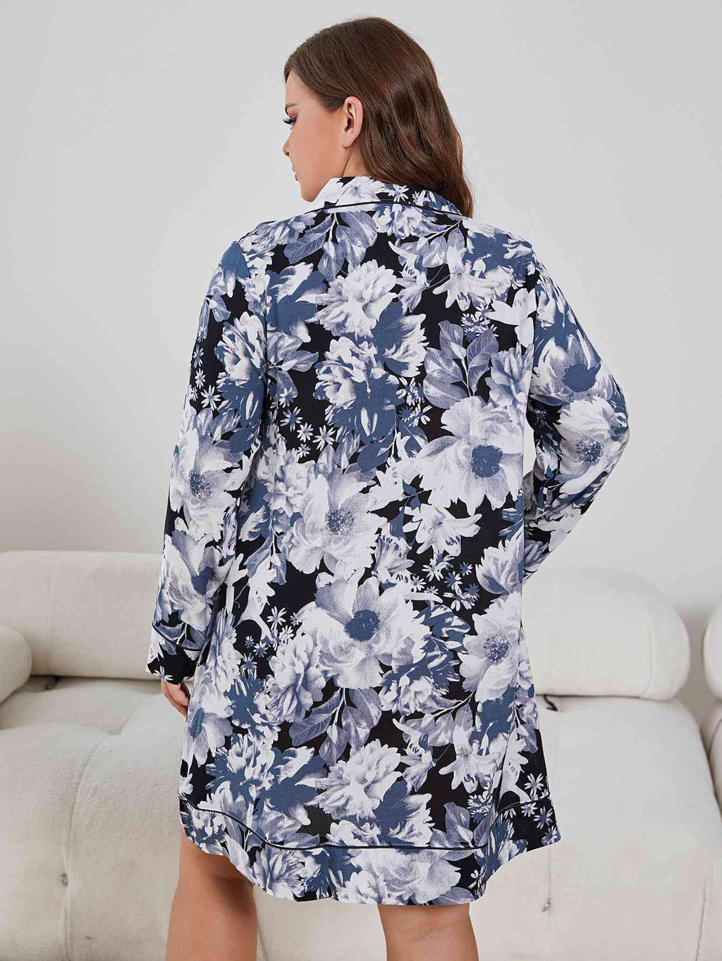 Plus Size Floral Lapel Collar Long Sleeve Night Dress  Shop One Place
