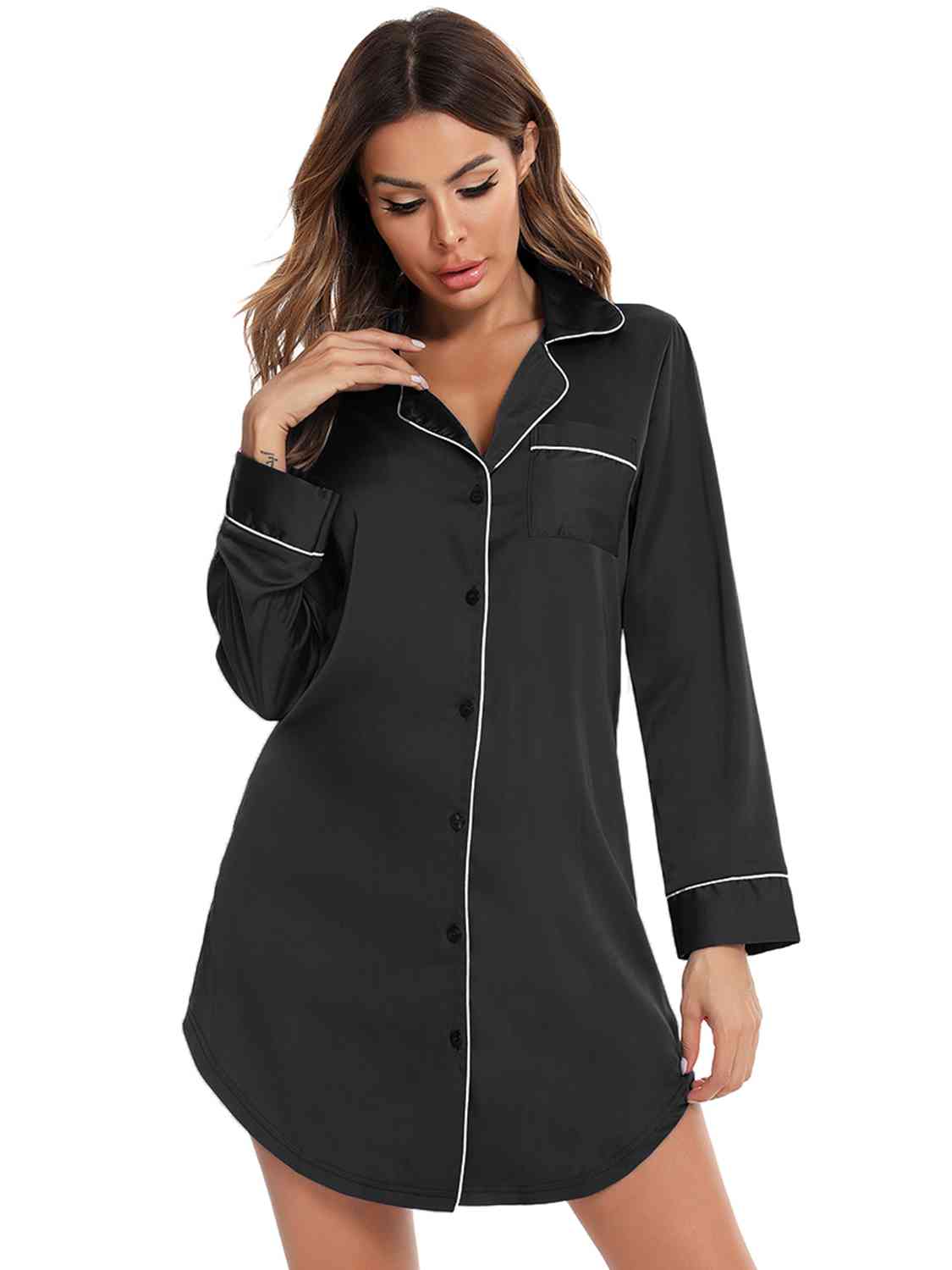 Button Up Lapel Collar Night Dress with Pocket  Shop One Place