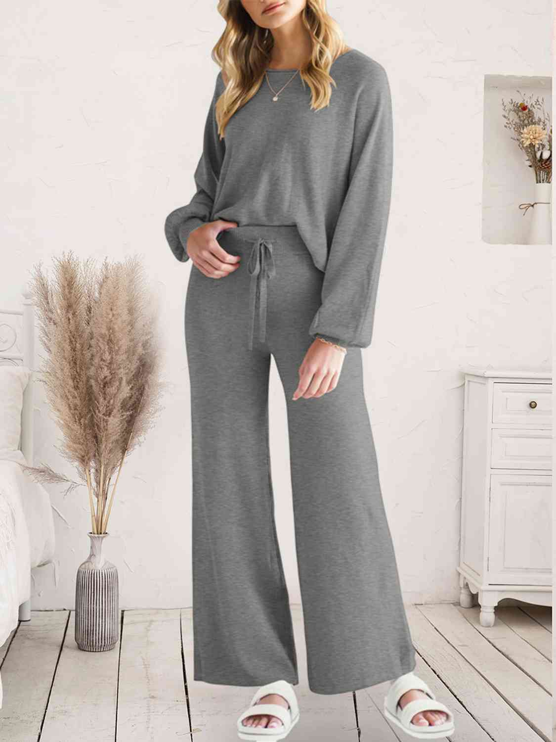 Long Sleeve Lounge Top and Drawstring Pants Set  Shop One Place