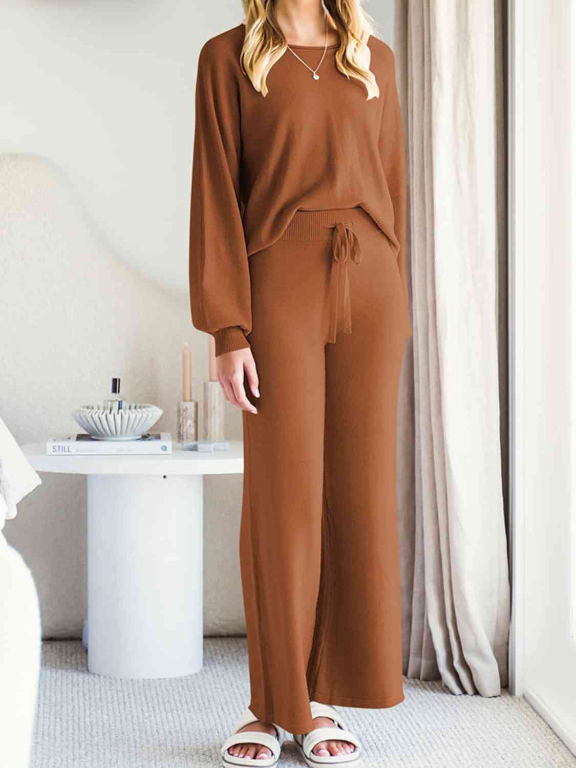 Long Sleeve Lounge Top and Drawstring Pants Set  Shop One Place