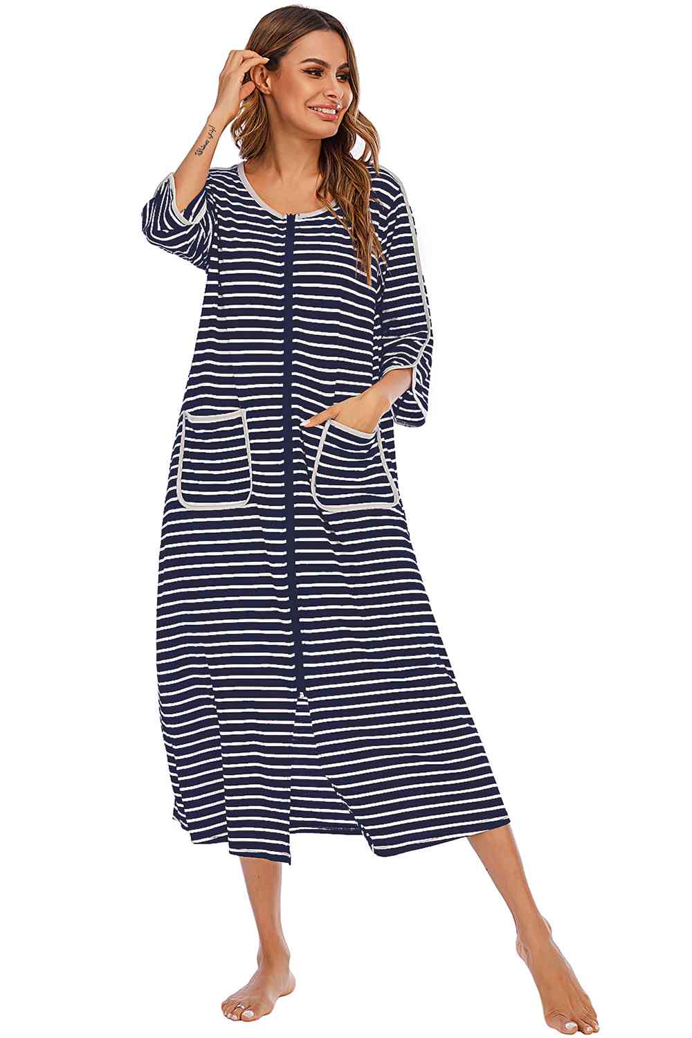 Round Neck Three-Quarter Sleeve Midi Night Dress  Shop One Place