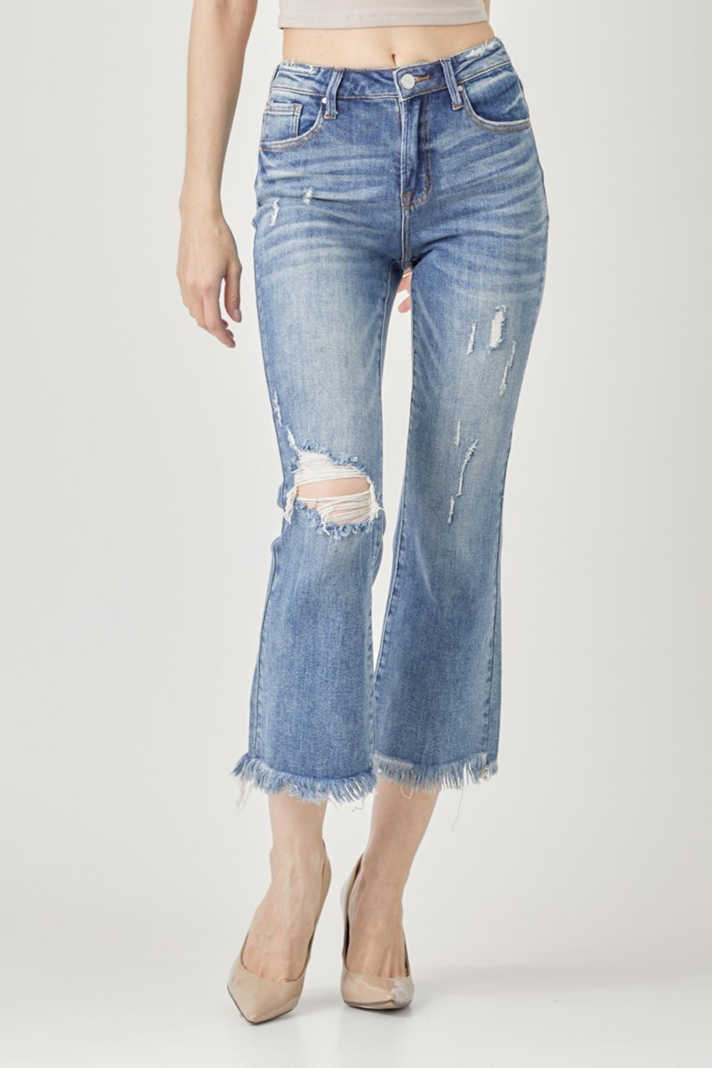 Jeans bootcut cropped de cintura alta con efecto desgastado RISEN