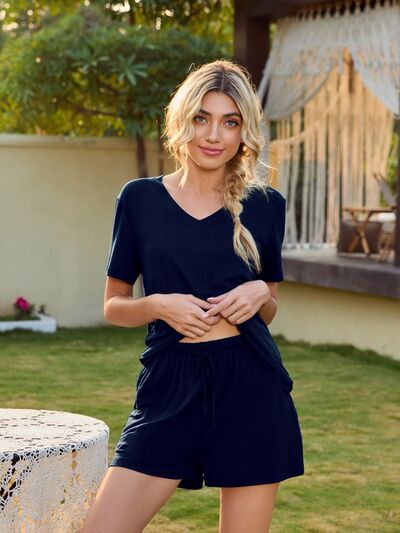 V-Neck Short Sleeve Top and Pocketed Shorts Lounge Set  Shop One Place