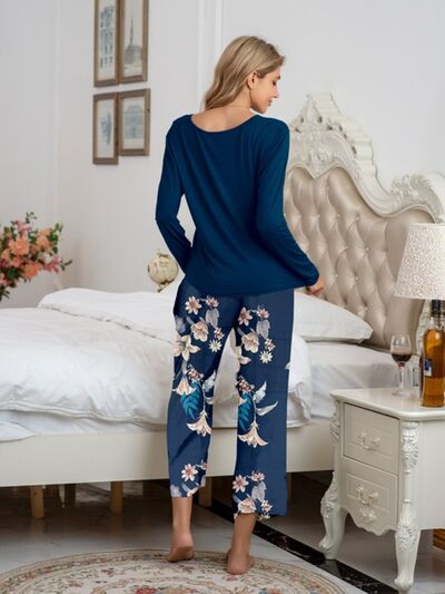 Round Neck Top and Printed Pants Lounge Set  Shop One Place