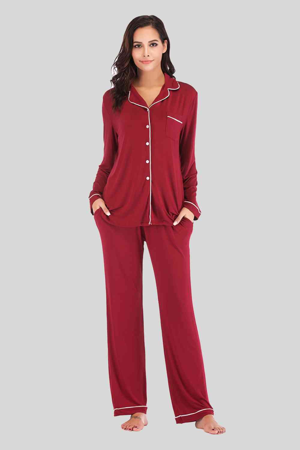 Collared Neck Long Sleeve Loungewear Set with Pockets  Shop One Place