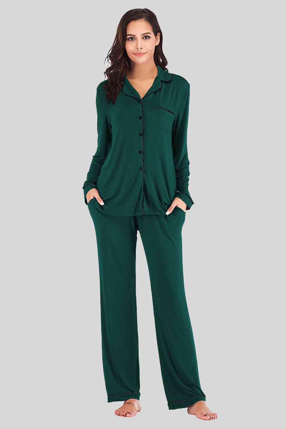 Collared Neck Long Sleeve Loungewear Set with Pockets  Shop One Place