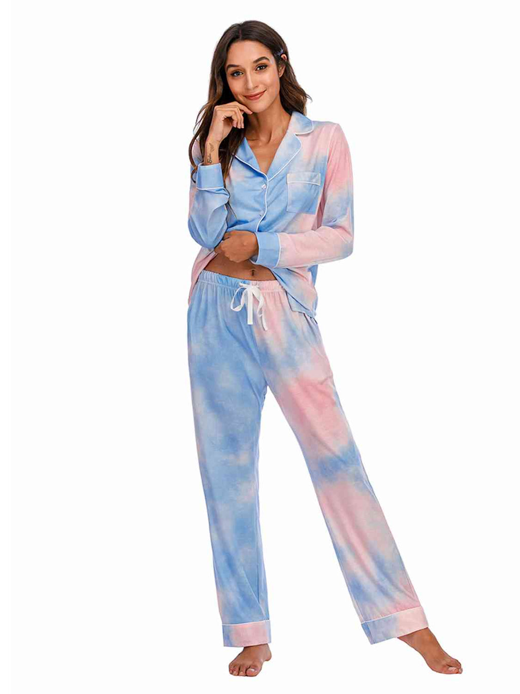 Collared Neck Long Sleeve Loungewear Set with Pockets  Shop One Place