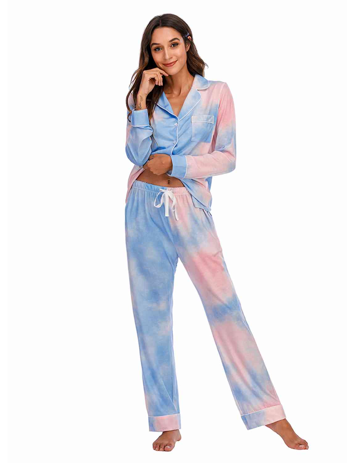 Collared Neck Long Sleeve Loungewear Set with Pockets  Shop One Place