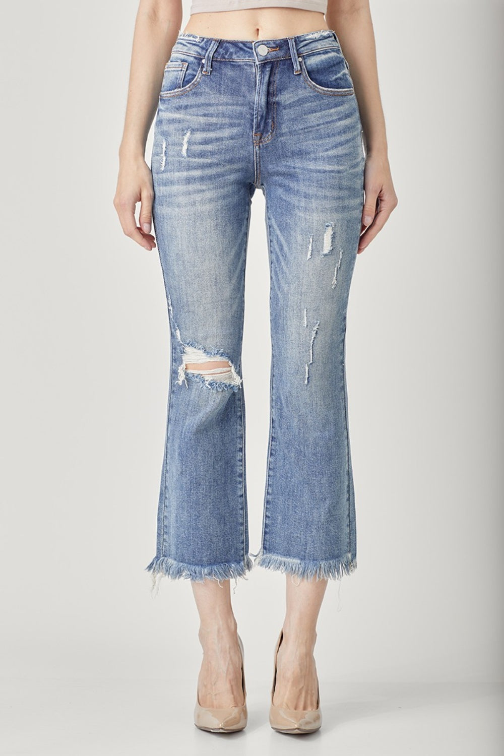 Jeans bootcut cropped de cintura alta con efecto desgastado RISEN