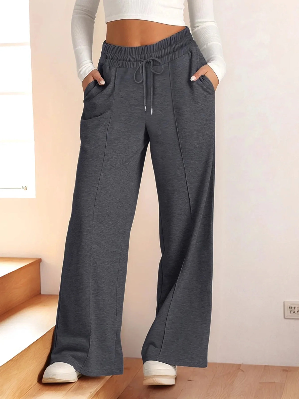 Pantalones de pierna ancha de talla grande, con cordón y ajuste relajado