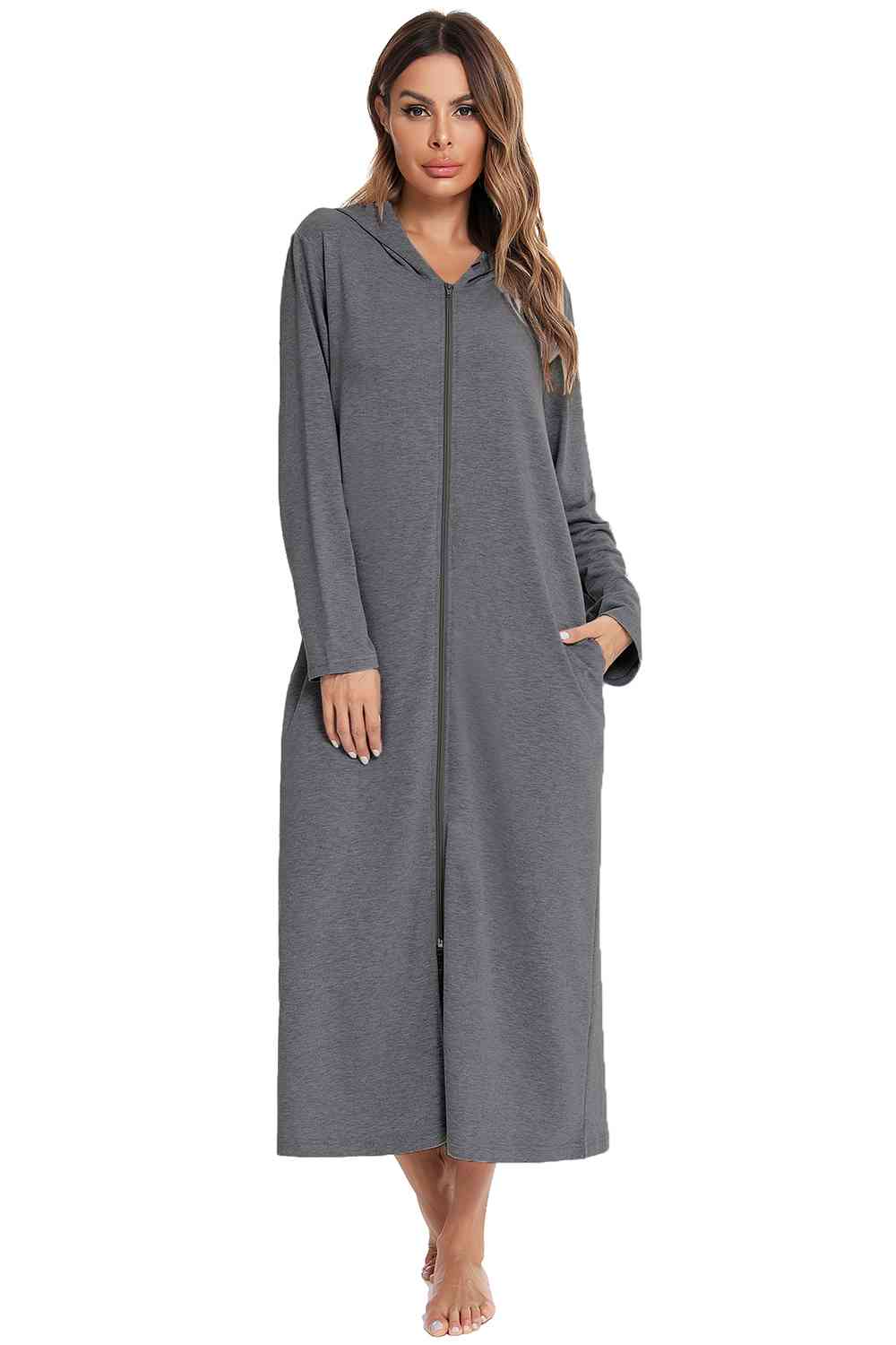 Zip Front Hooded Night Dress with Pockets  Shop One Place