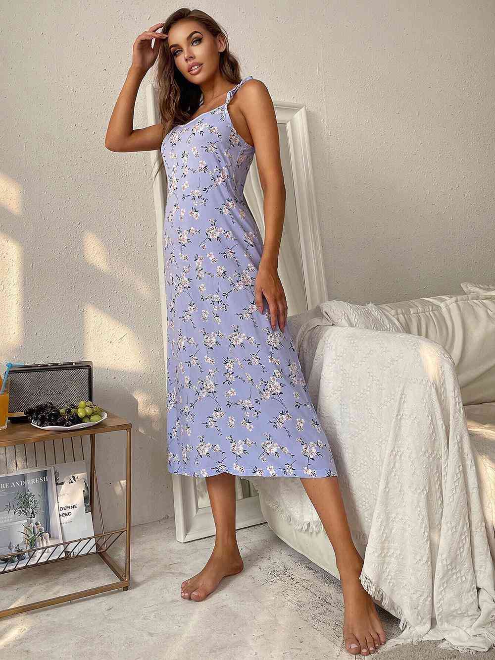 Printed Tie Shoulder Midi Night Dress  Shop One Place