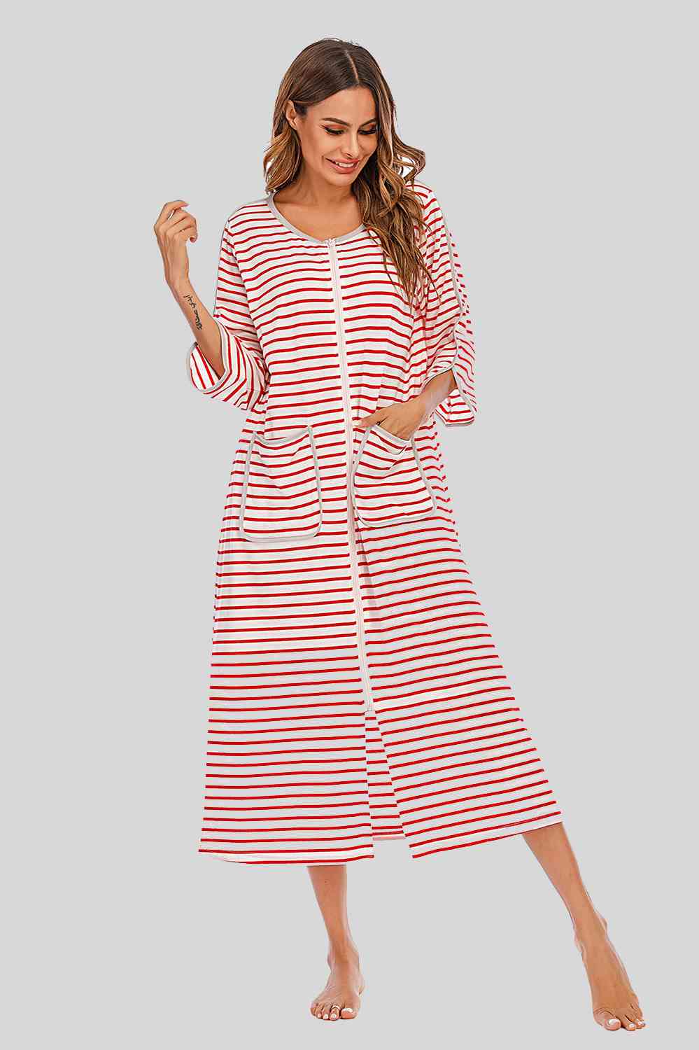 Round Neck Three-Quarter Sleeve Midi Night Dress  Shop One Place