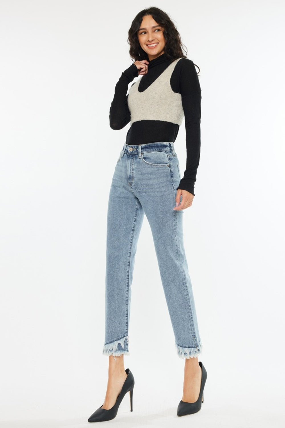 Jeans Kancan de tiro alto y pierna recta con dobladillo sin rematar