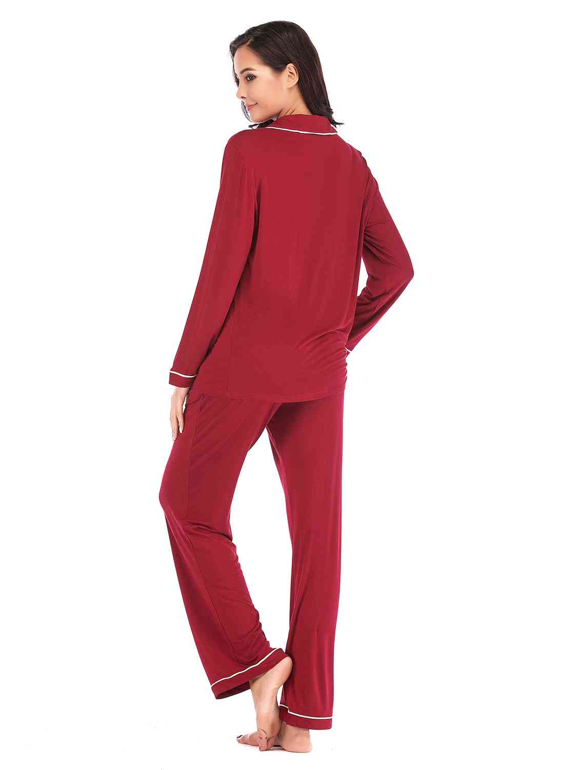 Collared Neck Long Sleeve Loungewear Set with Pockets  Shop One Place