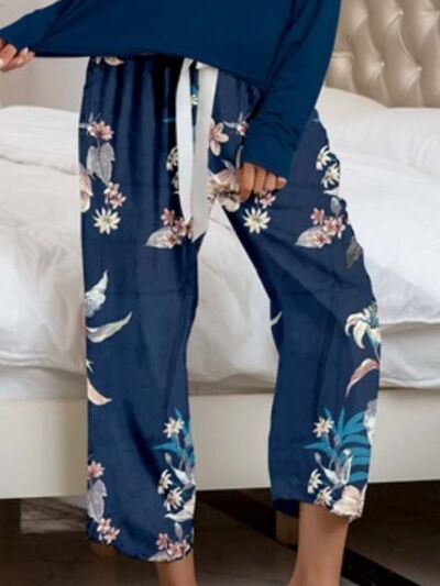 Round Neck Top and Printed Pants Lounge Set  Shop One Place