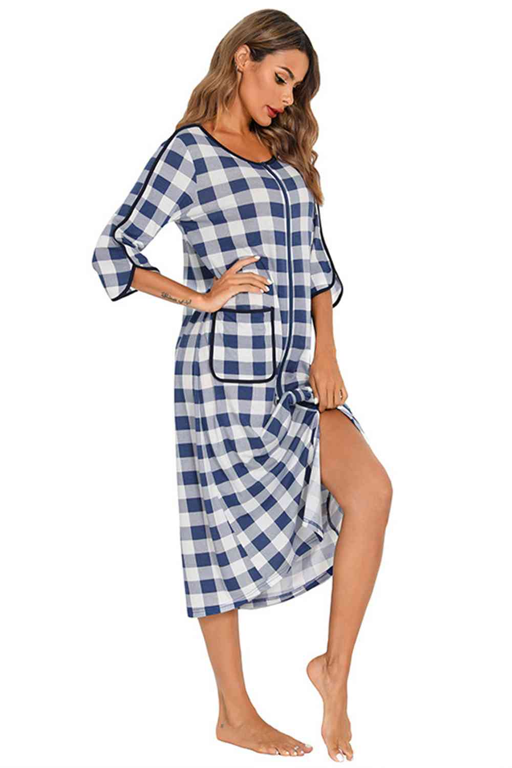 Round Neck Three-Quarter Sleeve Midi Night Dress  Shop One Place