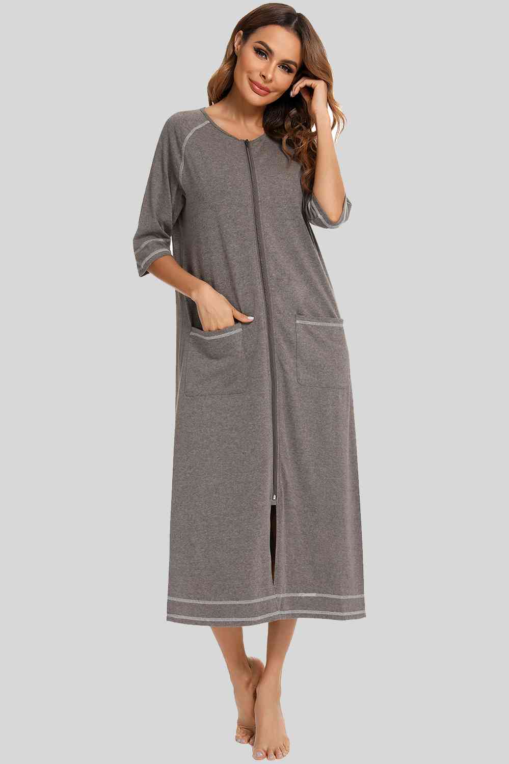 Zip Up Slit Round Neck Night Dress with Pockets  Shop One Place