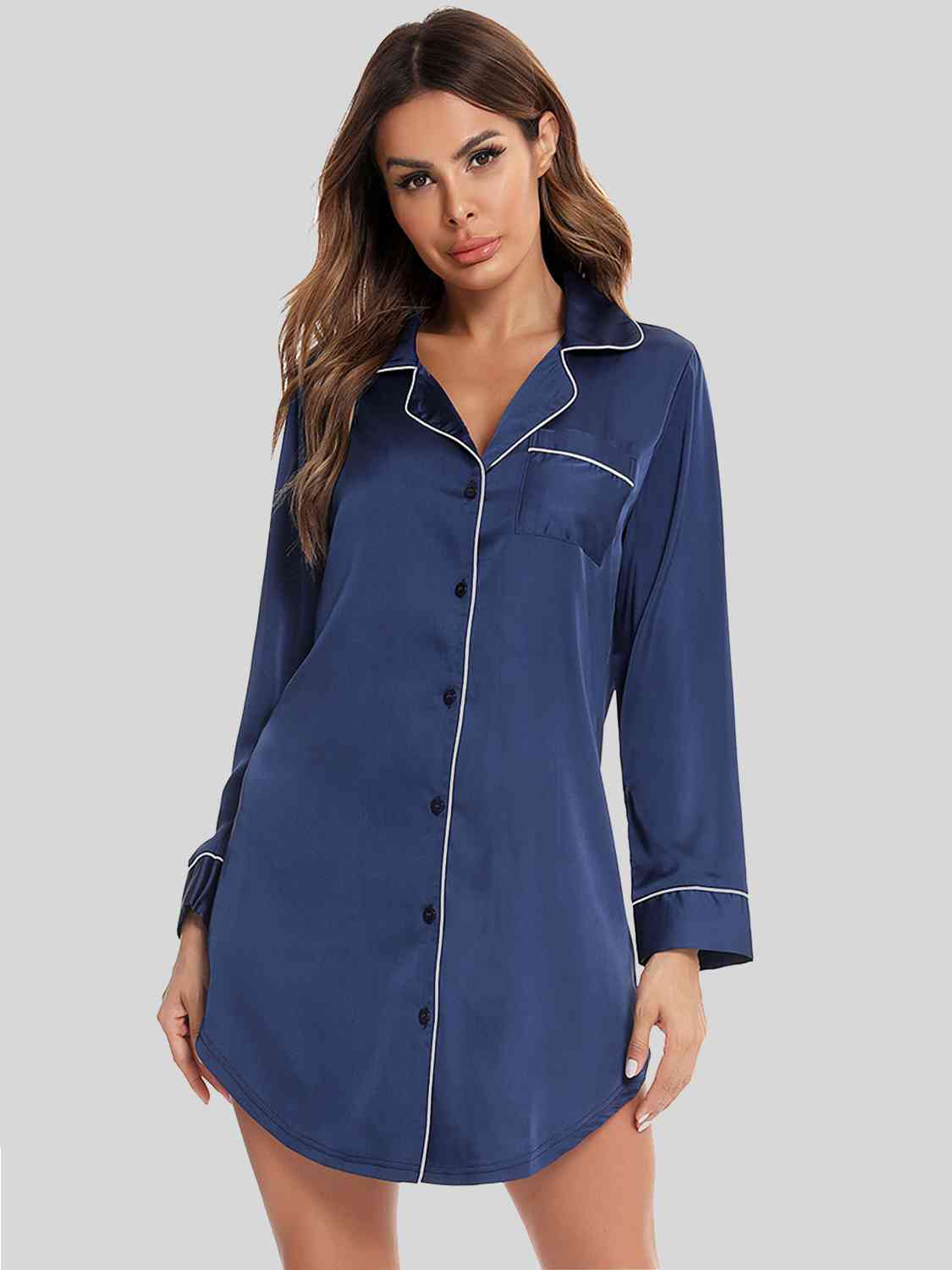 Button Up Lapel Collar Night Dress with Pocket  Shop One Place