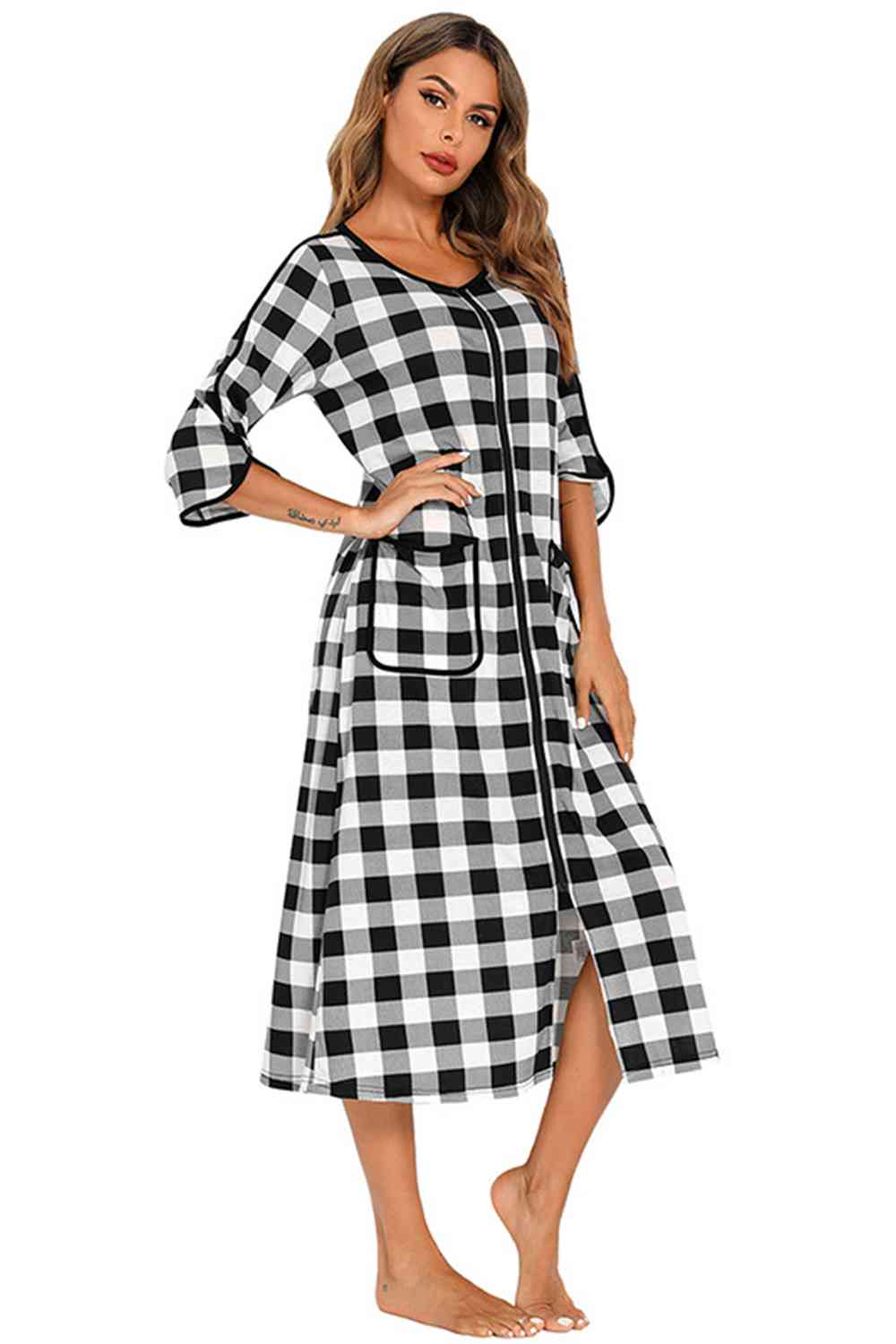 Round Neck Three-Quarter Sleeve Midi Night Dress  Shop One Place