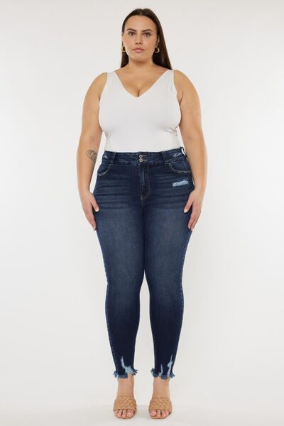 Jeans Kancan de tallas grandes, con efecto bigote de gato, bajo sin rematar y cintura alta