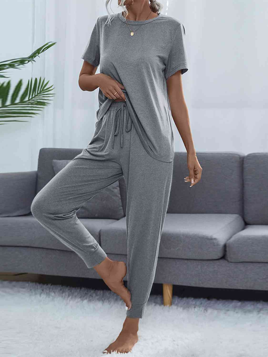 Round Neck Short Sleeve Top and Pants Set  Shop One Place