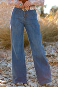 Jeans Ashleigh azules multicolor de cintura alta y pierna ancha con múltiples botones