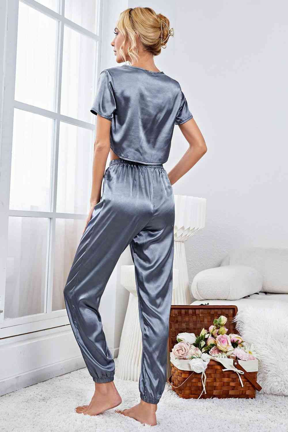Satin Short Sleeve Crop Top and Joggers Lounge Set  Shop One Place