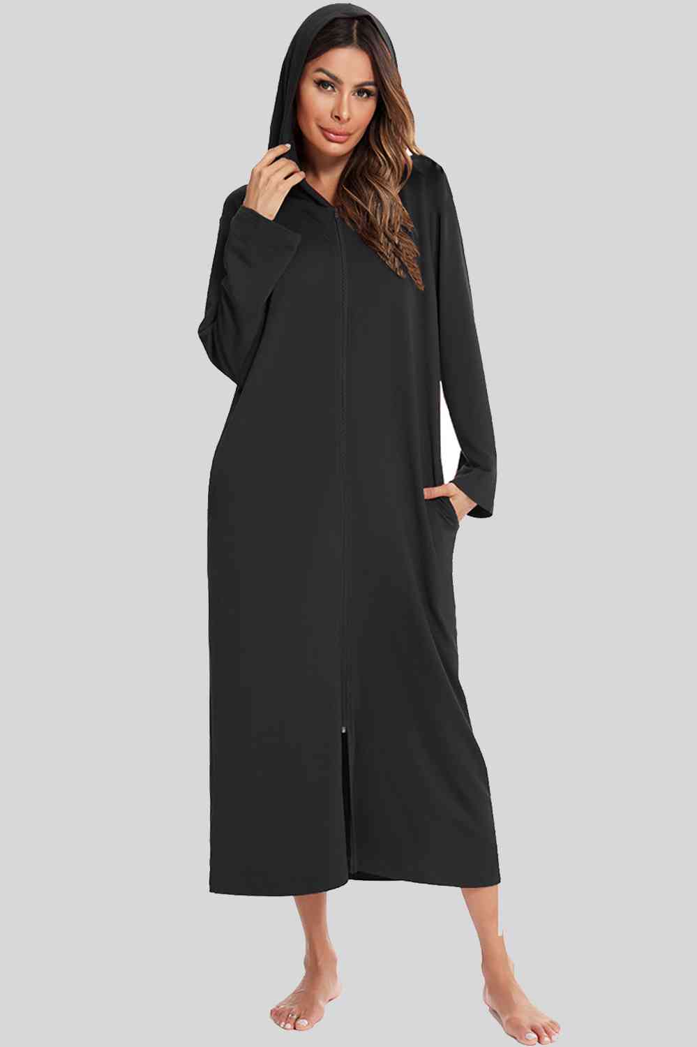 Zip Front Hooded Night Dress with Pockets  Shop One Place
