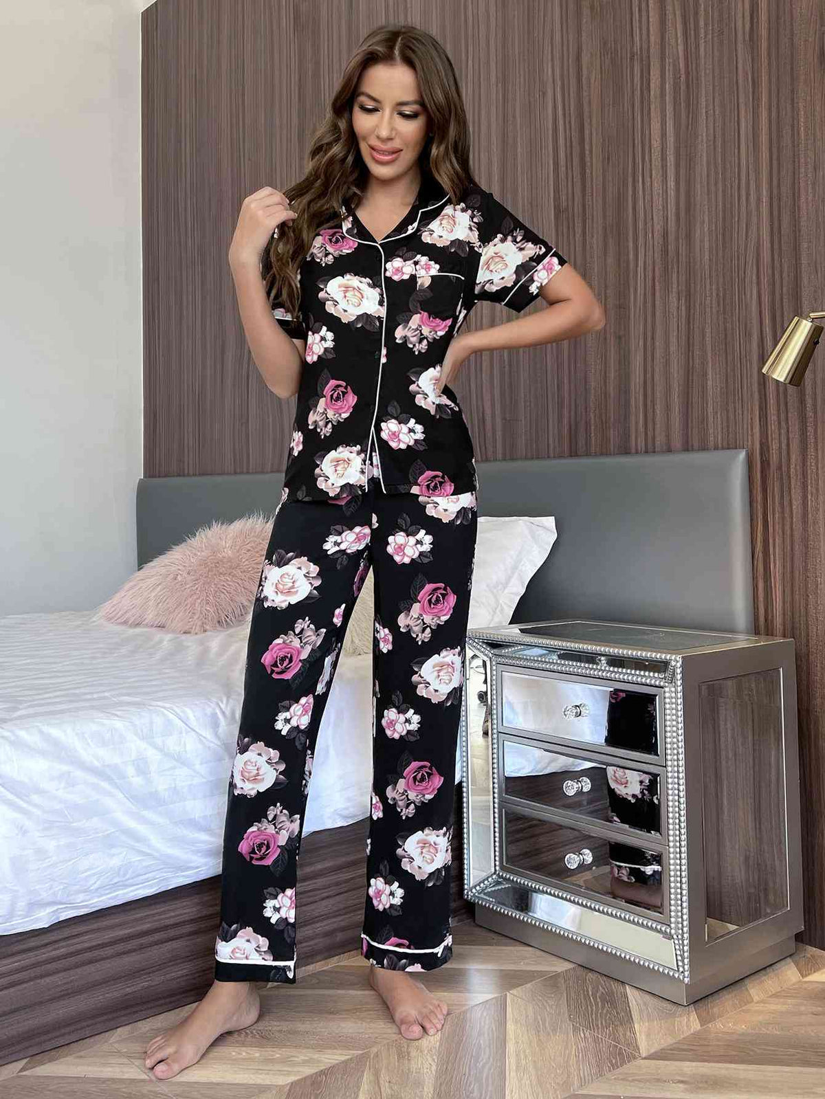Floral Short Sleeve Shirt and Pants Lounge Set  Shop One Place