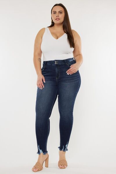 Jeans Kancan de tallas grandes, con efecto bigote de gato, bajo sin rematar y cintura alta