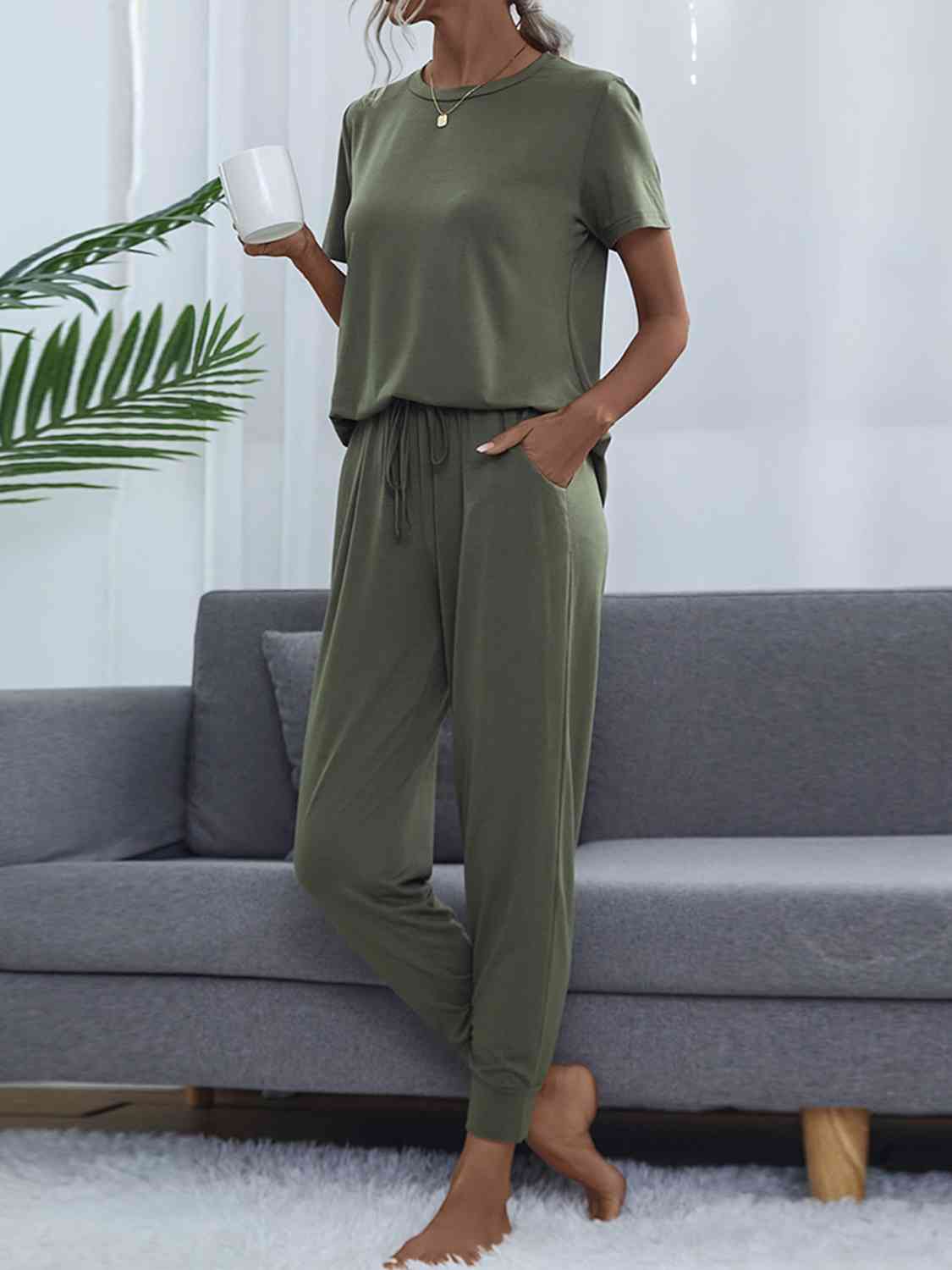 Round Neck Short Sleeve Top and Pants Set  Shop One Place