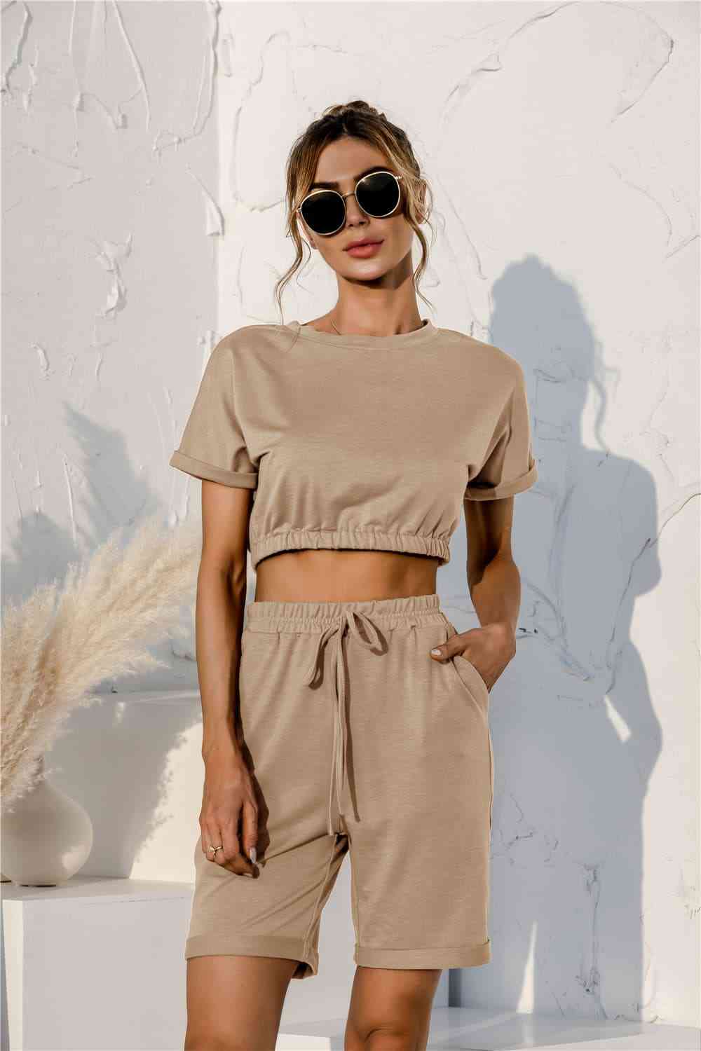 Short Sleeve Cropped Top and Drawstring Shorts Lounge Set  Shop One Place