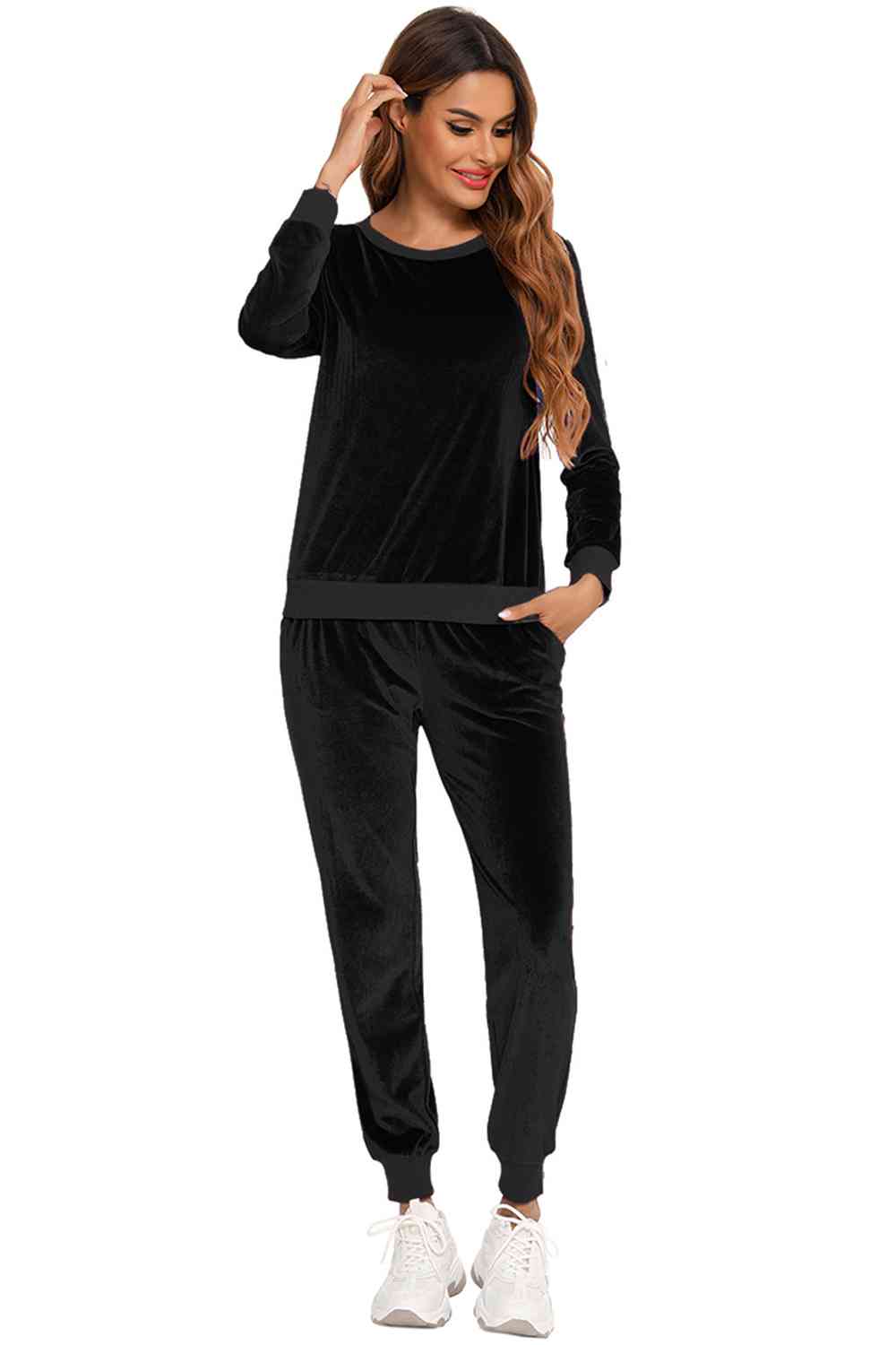 Round Neck Long Sleeve Loungewear Set with Pockets  Shop One Place