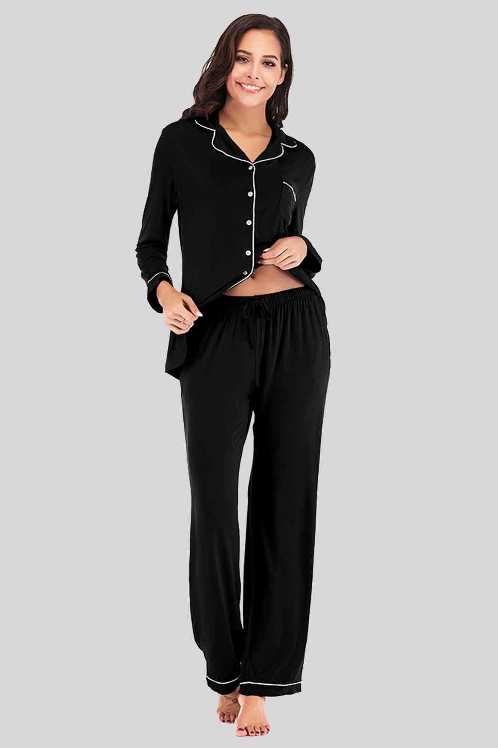 Collared Neck Long Sleeve Loungewear Set with Pockets  Shop One Place