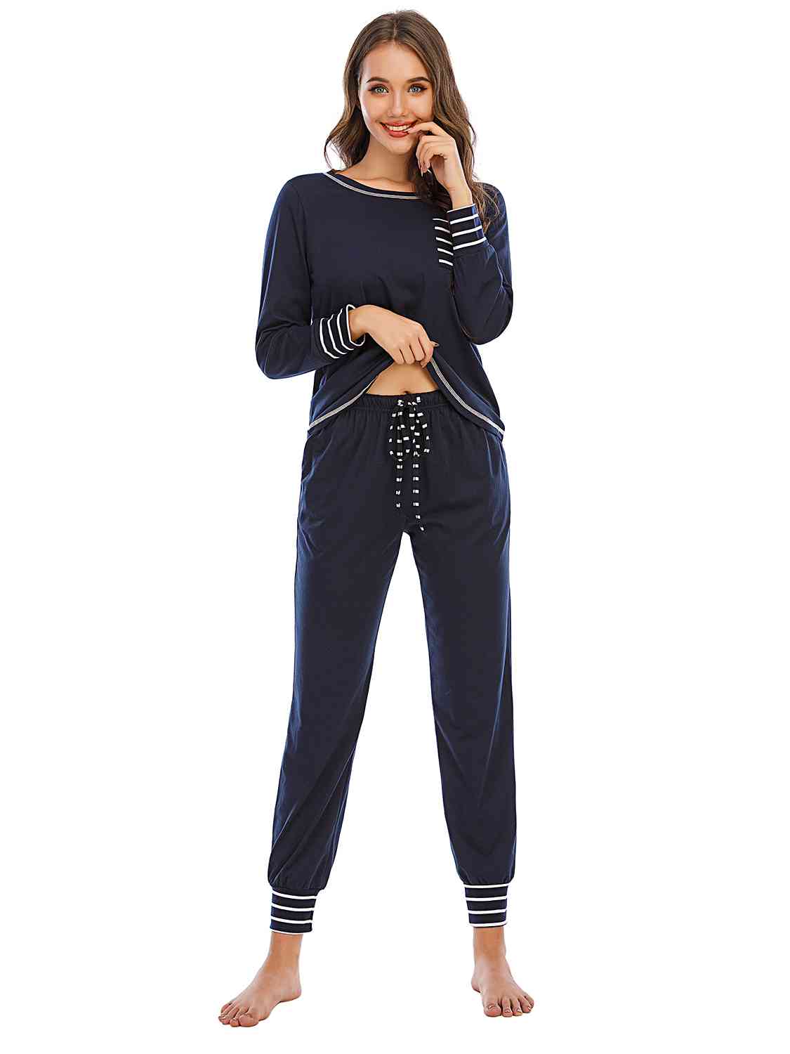 Round Neck Top and Pants Lounge Set  Shop One Place
